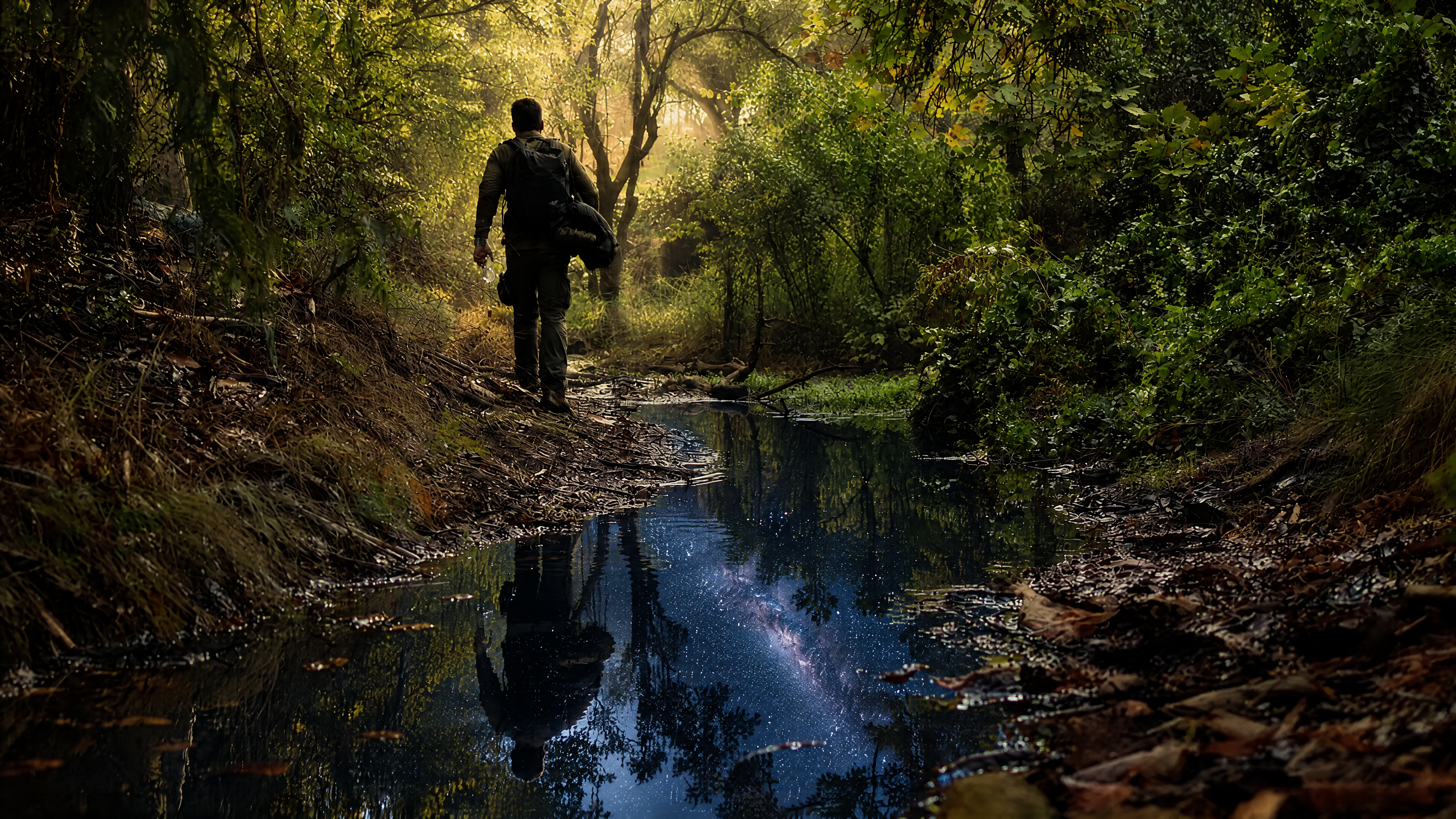A cinematic interpretation of Mark walking along the forest bank, with warm sunlight behind him and a midnight sky reflected only in the stream.